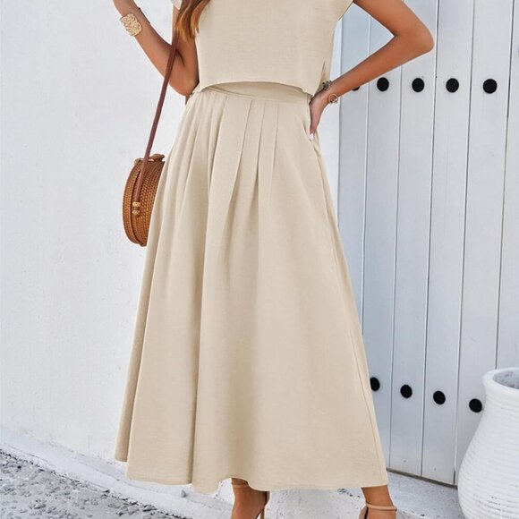 Summer Skirt Sets Women 2 Piece Outfits Cap Sleeve Top Elastic Waist Lightweight - Picture 3 of 4
